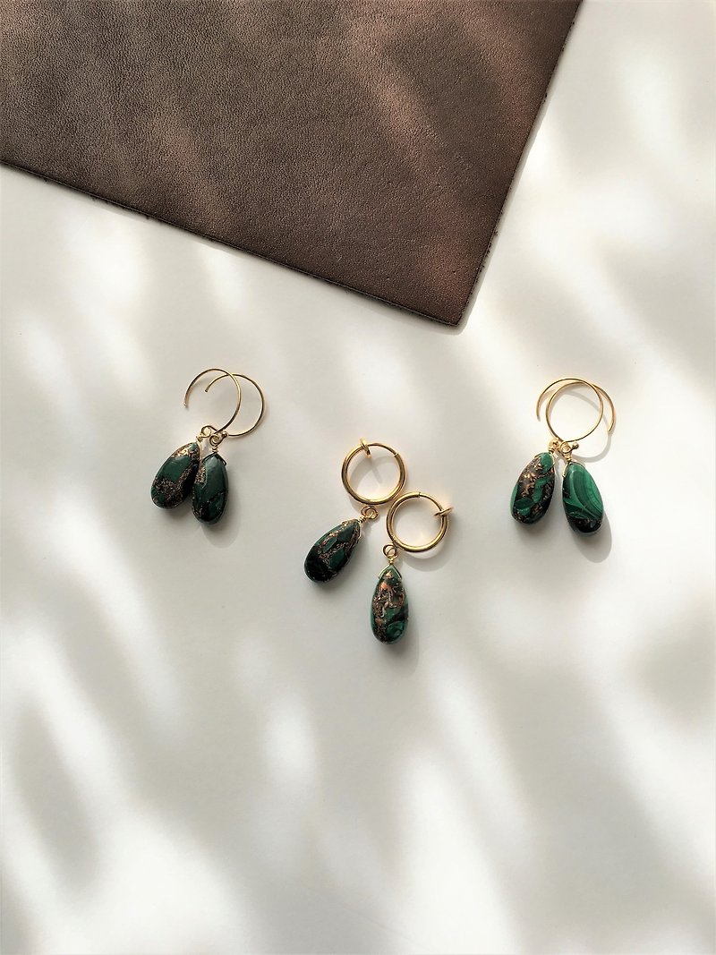 Copper Malachite drop Hook-earring 14kgf, Clip-earring - 耳环/耳夹 - 石头 绿色