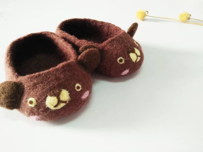 miniyue 羊毛毡婴儿鞋（茶褐色 可爱熊）弥月礼 台湾制造 全手工 - 男款休闲鞋 - 羊毛 咖啡色