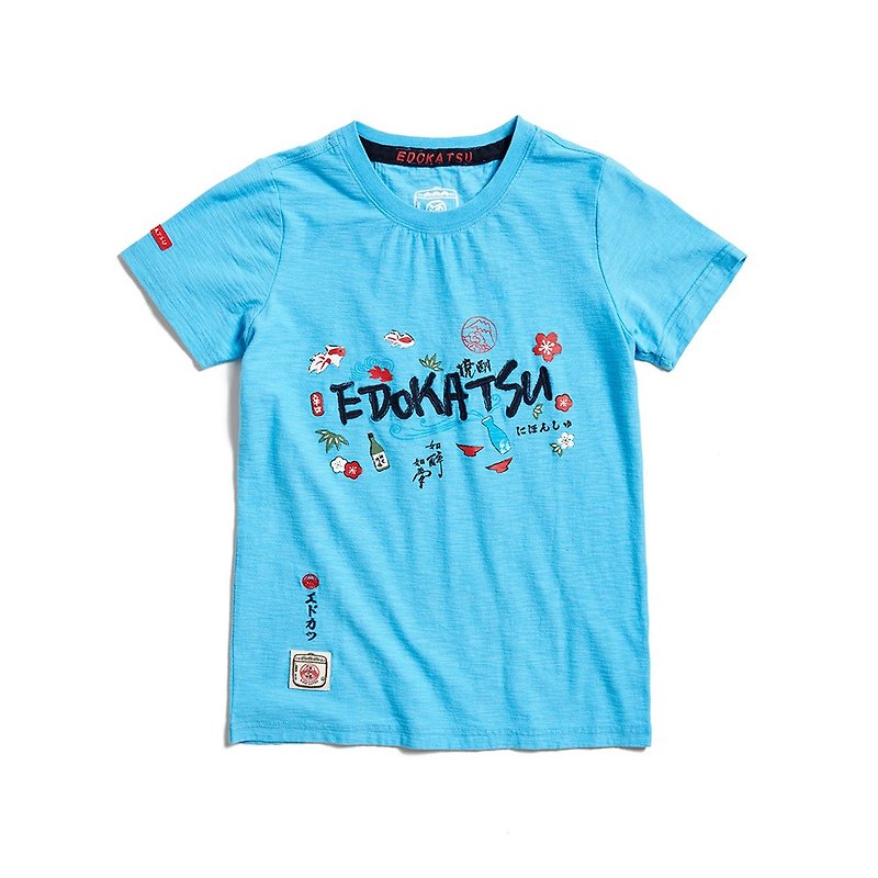 江户胜 日系 日式多元主题短袖T恤-女装 (水蓝色) #上衣 - 女装 T 恤 - 棉．麻 蓝色