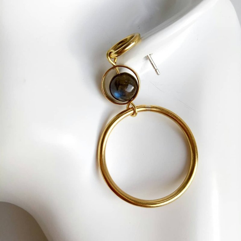 圆圈圈 黄铜耳环 925银耳针 拉长石 - 耳环/耳夹 - 其他金属 金色