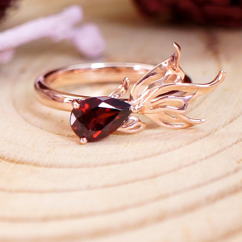 金鱼 - 红石榴石纯银电18K玫瑰金戒指 - 戒指 - 宝石 红色