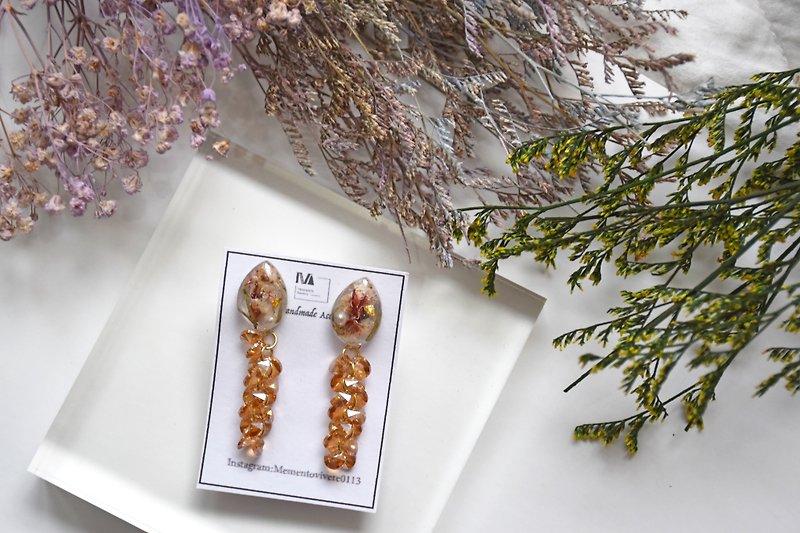 水滴型垂坠石干燥花耳环 夹式耳环 纯银耳环 - 耳环/耳夹 - 植物．花 橘色