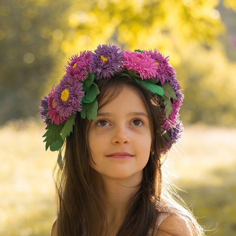 Purple aster flower girl crown Autumn fairy headpiece Fall wedding bridal tiara - 发饰 - 其他材质 紫色