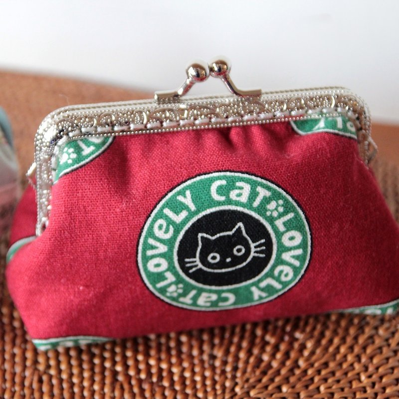 9厘米方形口金包, 红色棉麻黑猫邮戳印 - 皮夹/钱包 - 棉．麻 红色