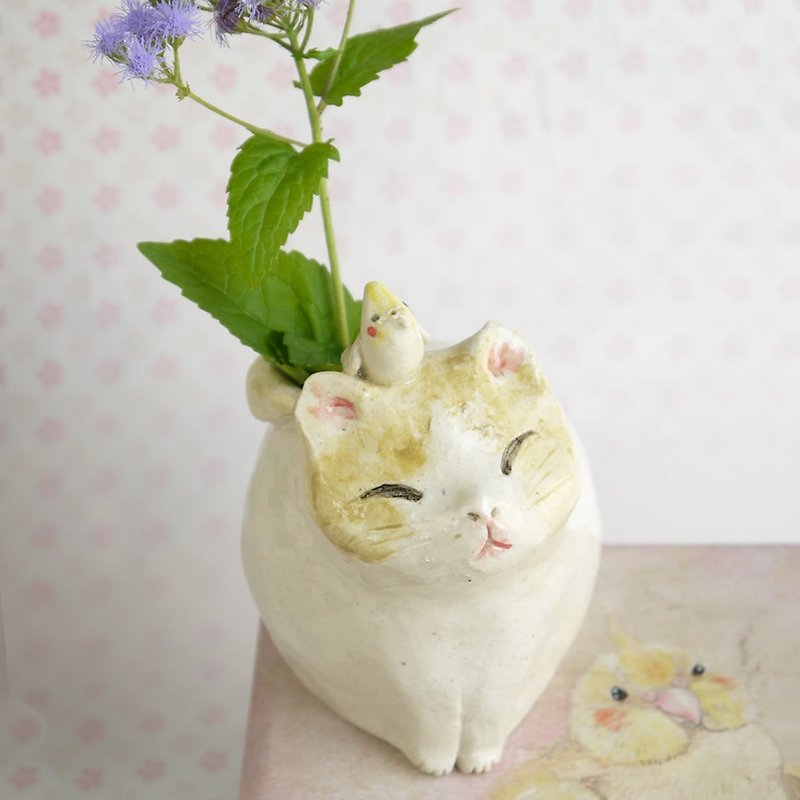 陶器の子猫の一輪さし - 植栽/盆栽 - 陶 白色