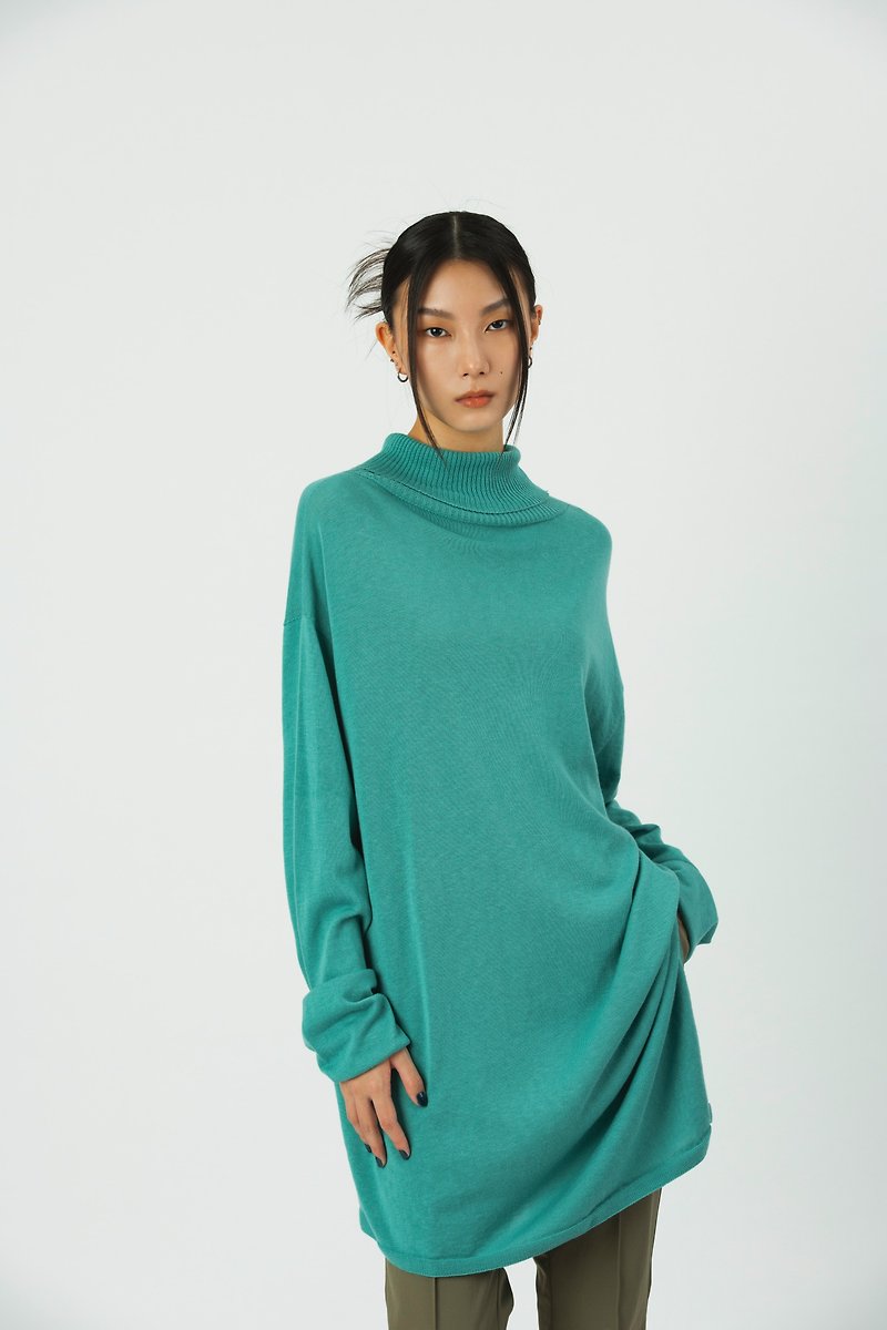 高领斜下摆毛衣 - 女装针织衫/毛衣 - 棉．麻 绿色