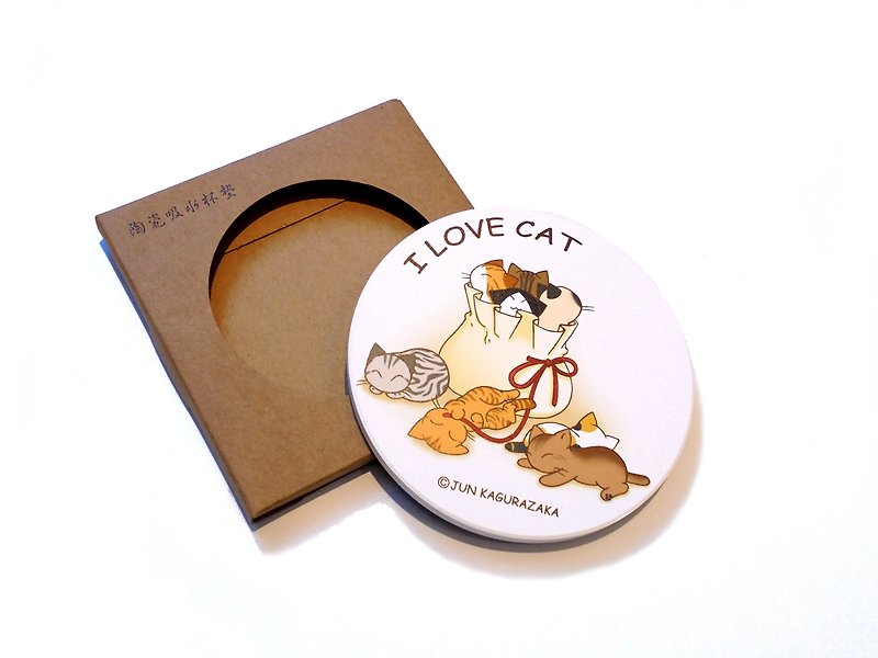 猫咪陶瓷吸水杯垫~袋子里的猫咪 - 杯垫 - 陶 白色