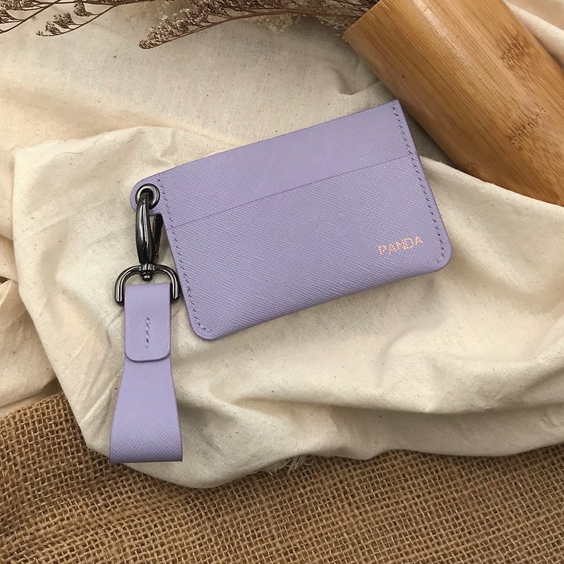 【票卡夹】粉紫色十字纹牛皮/可爱小钱包/悠游卡套/通勤/手工皮革 - 名片夹/名片盒 - 真皮 紫色