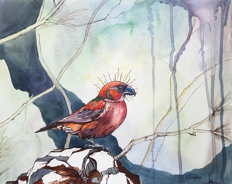 Red crossbill bird. Watercolor painting on paper. Animal - 墙贴/壁贴 - 纸 多色
