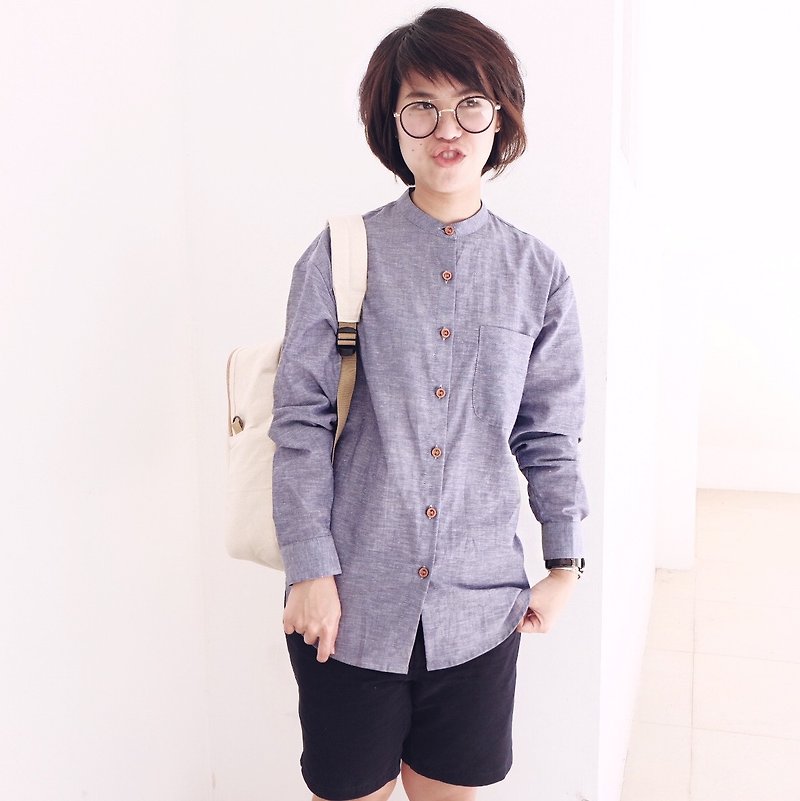 Linen Longsleeves-Mandarin Collar Shirt ( Pin Shirt ) : Indigo Color - 女装上衣 - 棉．麻 蓝色