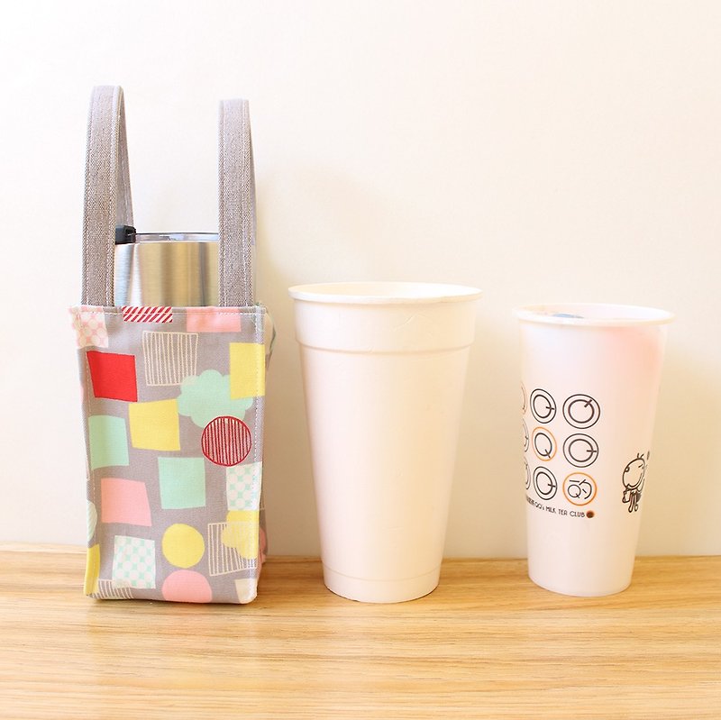 几何图案撞色-浅色款饮料提袋(大) 环保杯袋 冰霸杯袋 - 随行杯提袋/水壶袋 - 棉．麻 