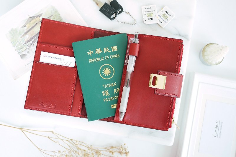预购丨燕脂红 方扣牛皮护照夹丨意大利牛皮 免费打字丨母亲节礼物 - 护照夹/护照套 - 真皮 红色