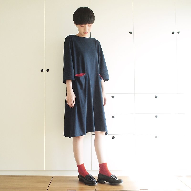 contrast pocket dress : navy - 洋装/连衣裙 - 棉．麻 蓝色