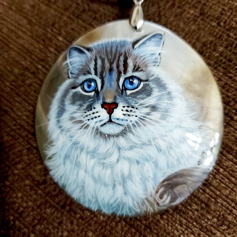 大灰猫手绘在美学动物珍珠项链上，华丽的珠宝 - 项链 - 贝壳 灰色