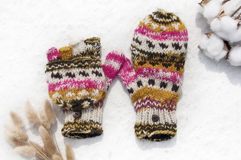 手织纯羊毛针织手套/可拆卸手套/内刷毛手套/保暖手套-南美草莓色 - 手套 - 羊毛 多色