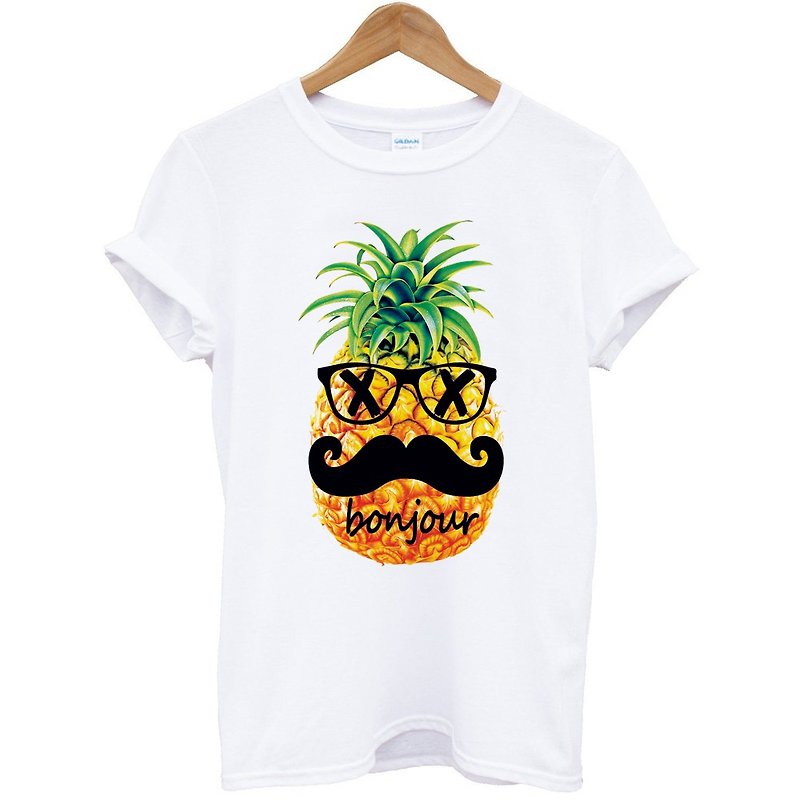 Pineapple-bonjour短袖T恤-白色 凤梨 你好 法文 胡子 食物 设计 - 男装上衣/T 恤 - 棉．麻 白色