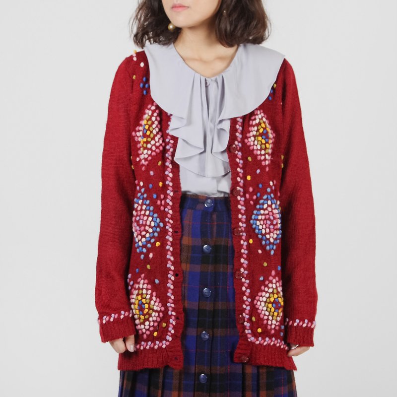 【蛋植物古着】缤彩羊毛球古着针织开襟外套 - 女装针织衫/毛衣 - 聚酯纤维 红色