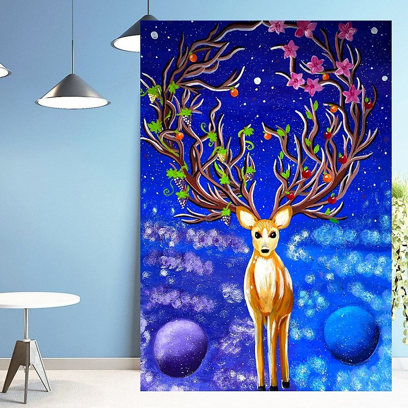 雄鹿绘画鹿原创艺术月亮墙艺术动物艺术品星空艺术丙烯酸绘画16,5 - 海报/装饰画/版画 - 纸 蓝色