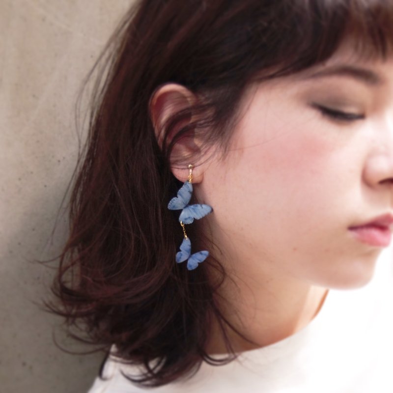 デニムブルーの羽【2N-NV-1】 - 耳环/耳夹 - 棉．麻 蓝色