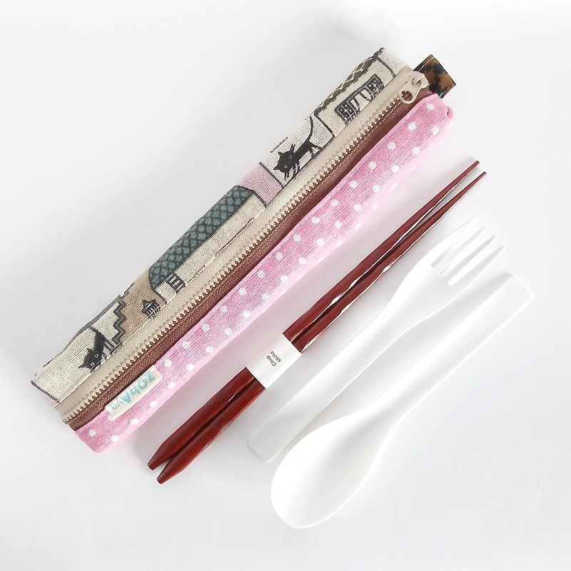 餐具收纳袋 (粉红 · 子猫 x 粉底圆点) - 筷子/筷架 - 棉．麻 粉红色