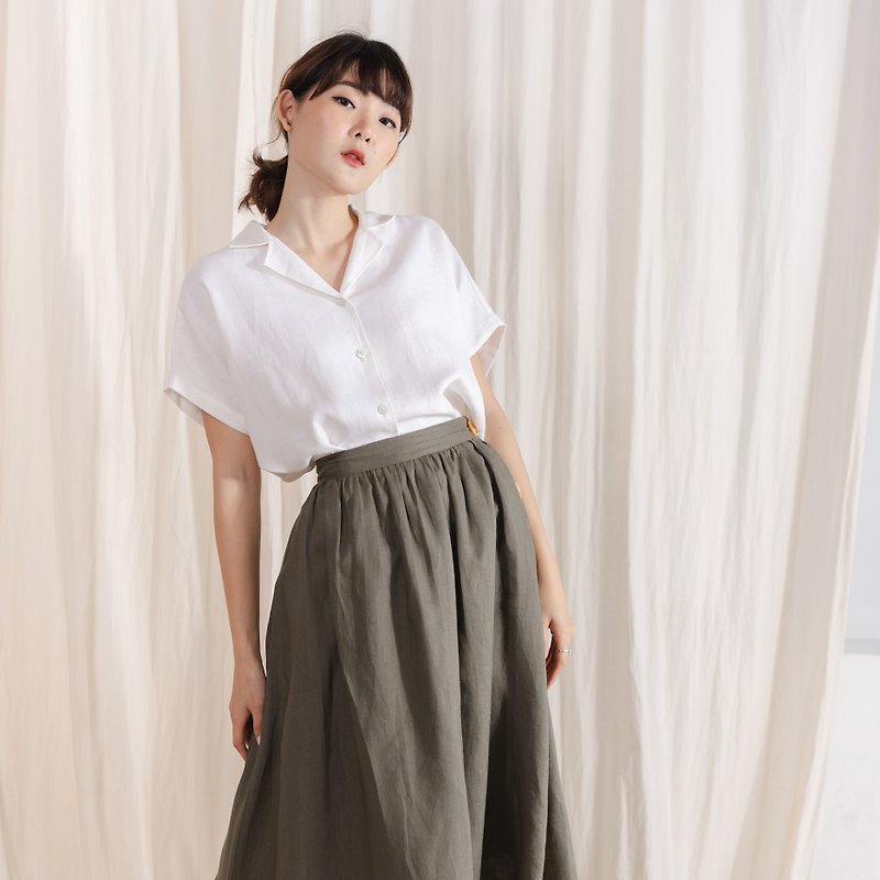 Hawaii Collar Linen Shirt with Back Side Pleated - White - 女装衬衫 - 亚麻 白色