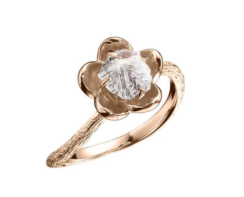 钻石原石14k金梅花求婚戒指 植物原矿订婚戒指 立体花朵单石戒指 - 对戒 - 钻石 金色