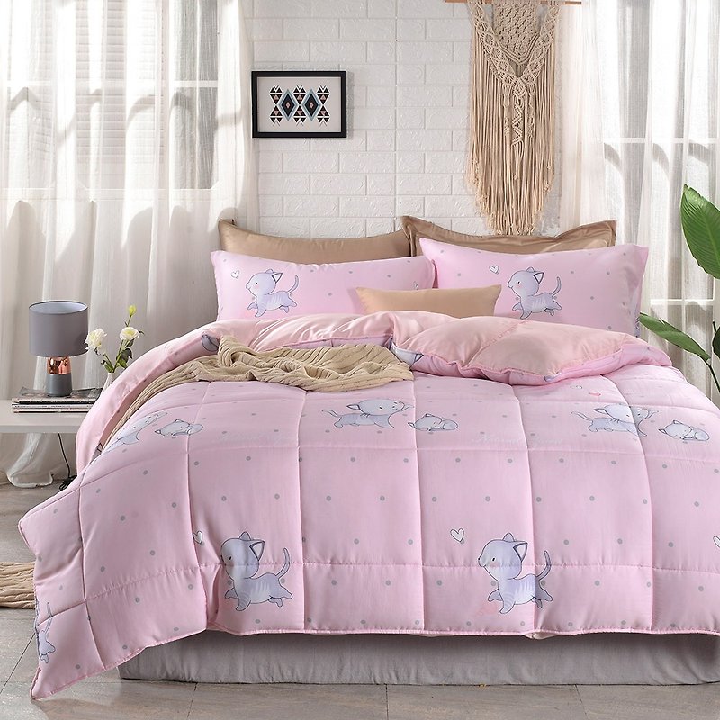 床包两用被套组-双人加大 / 40支 / 莱塞尔天丝四件式 / 喵踏踏 - 寝具 - 其他材质 粉红色