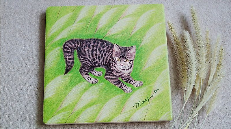 芦苇中的虎斑猫陶瓷吸水杯垫+同款明信片 - 杯垫 - 陶 绿色