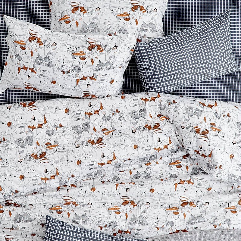 妙喵喵  單人雙人床單/床包 手繪貓咪40支純棉床品 枕套被套另購 - 寝具 - 棉．麻 白色
