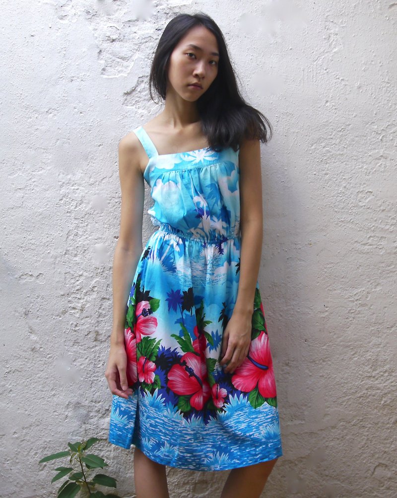 FOAK古着 夏威夷扶桑花纯棉吊带洋装 - 洋装/连衣裙 - 棉．麻 蓝色