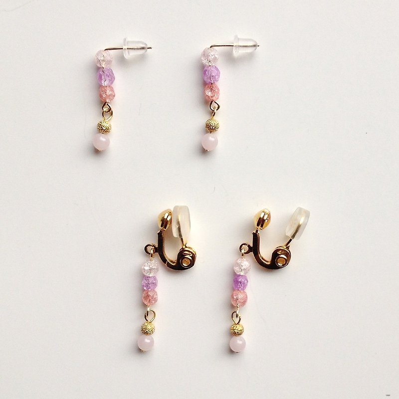 14kgf Crack Crystal and Vintage Pearl's Pain-Free Bar Earring / Pink - 耳环/耳夹 - 宝石 粉红色