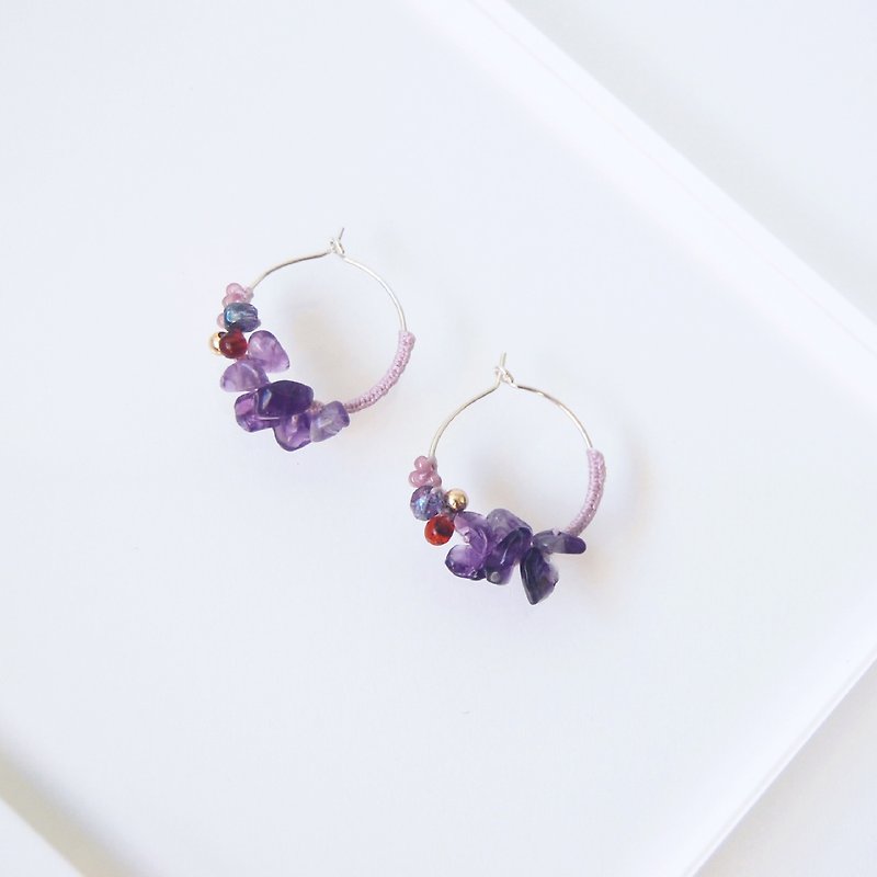 四季之色 秋色 草莓晶 紫晶 天然石水晶拼配纯银耳圈耳环 - 耳环/耳夹 - 水晶 紫色