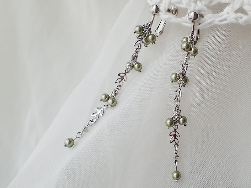 花草风　水晶珍珠　施华洛世奇元素　夹式 耳环 (一对) - 手链/手环 - 玻璃 绿色