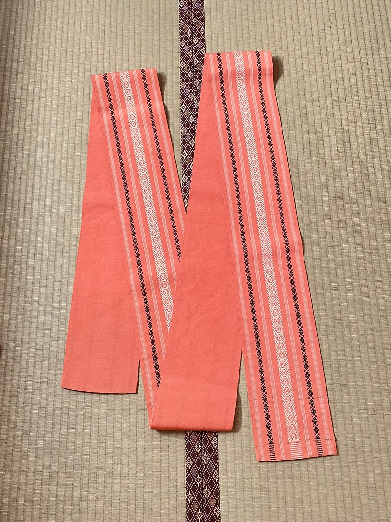 粉底白黑纹博多织中古半幅带 - 腰带/皮带 - 棉．麻 粉红色