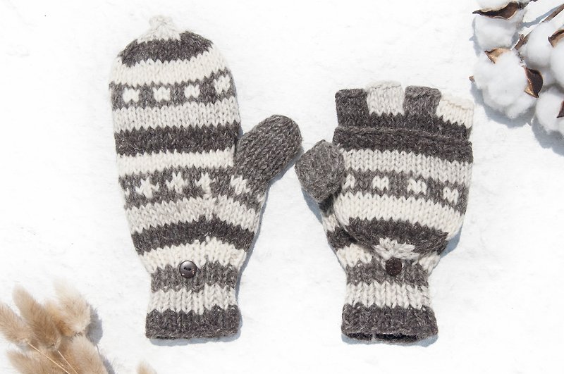 手织纯羊毛针织手套/可拆卸手套/内刷毛手套/保暖手套-咖啡香草色 - 手套 - 羊毛 咖啡色