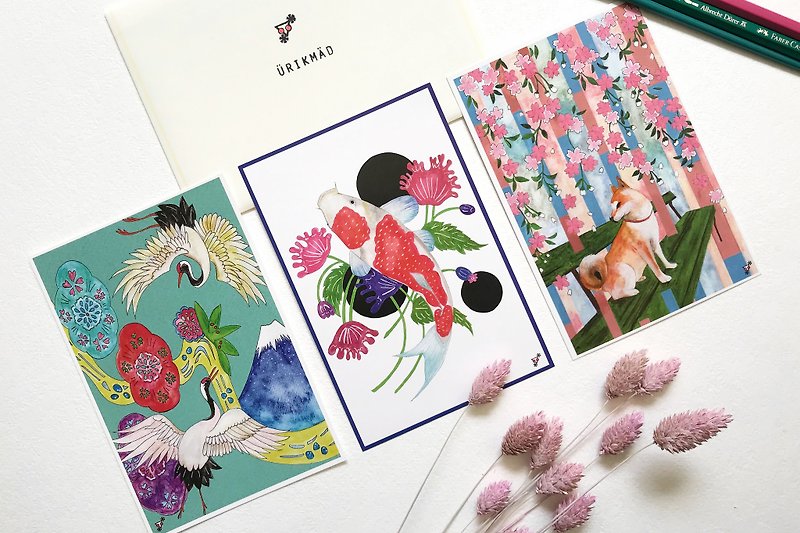 日本を感じるポストカード 3枚set -鶴と富士山-柴と桜-鯉と影- - 卡片/明信片 - 纸 多色
