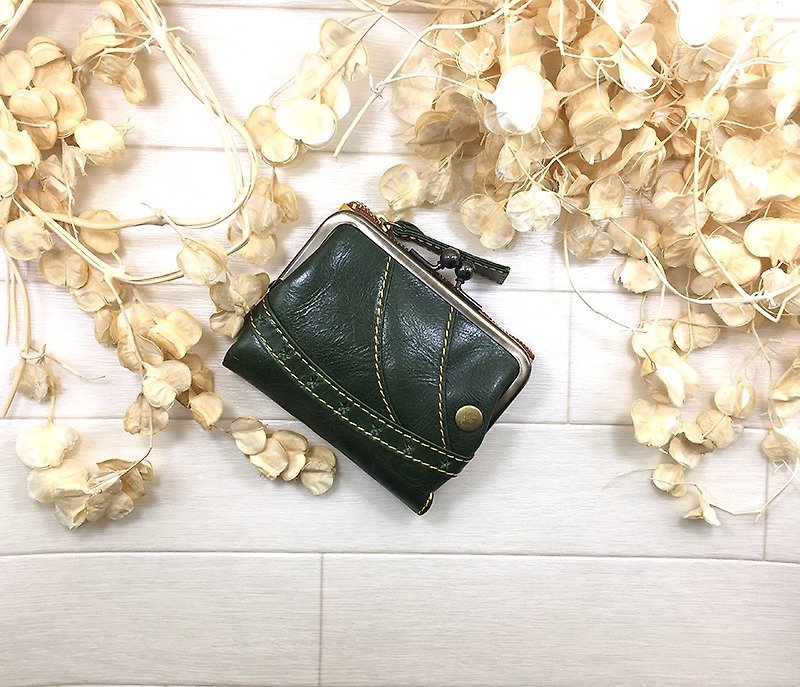 151GR 革財布　かわいい　星　ボーダー　ストライプ　革　２つ折り　コンパクト - 皮夹/钱包 - 真皮 绿色