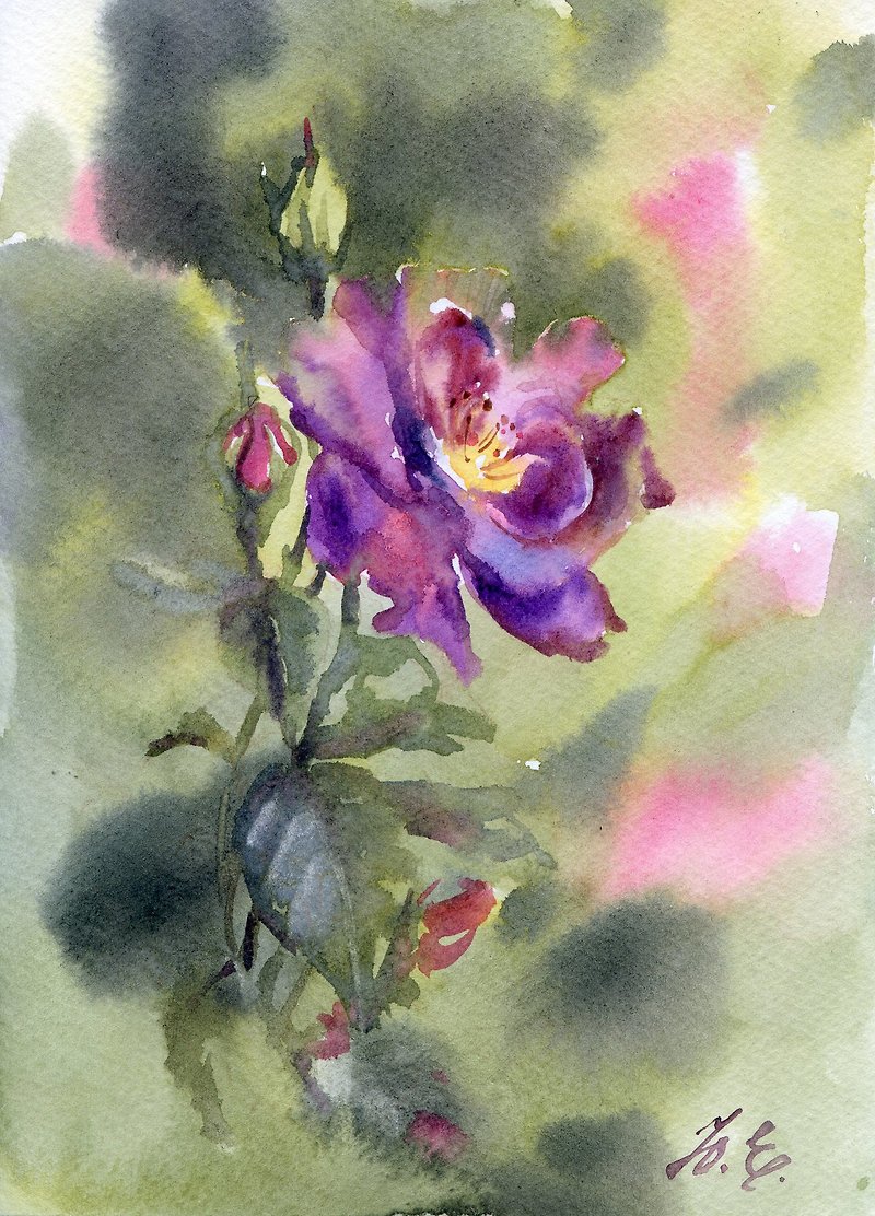 Violet rose in watercolor Original art Floral painting by Yulia Evsyukova. - 海报/装饰画/版画 - 纸 紫色