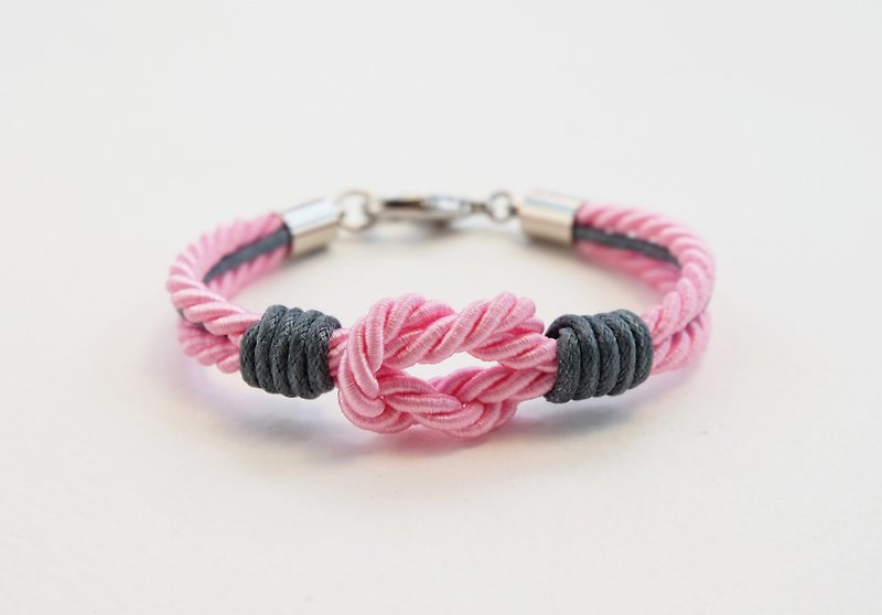 Light pink tie the knot bracelet with gray waxed cotton cord - 手链/手环 - 其他材质 粉红色