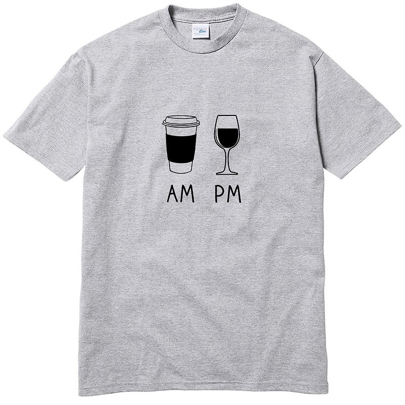 COFFEE AM WINE PM 短袖T恤 灰色 咖啡 酒 礼物 设计 早 晚 插画 - 男装上衣/T 恤 - 棉．麻 灰色