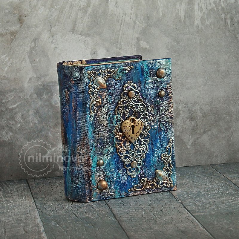 Blue gold notebook Small witchcraft book Mini magic journal Witch spell book BOS - 笔记本/手帐 - 环保材料 蓝色