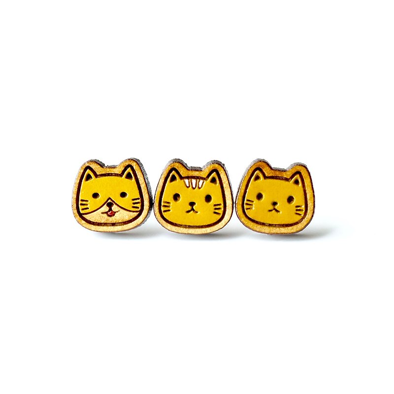 彩绘木耳环-小猫咪(土黄)（三款随机） - 耳环/耳夹 - 木头 卡其色