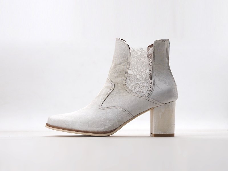 爱花切尔西鞋- Ive - 女款短靴 - 棉．麻 白色