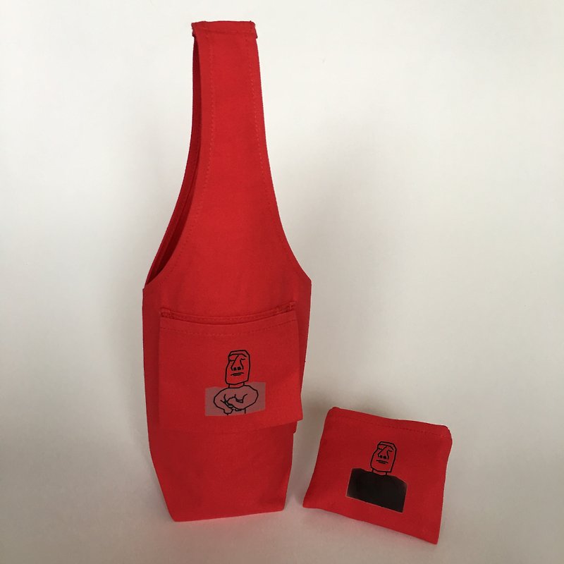 YCCT 环保饮料提袋包覆款 - 魅力红小鲜肉 ( 冰霸杯/梅森瓶/保温瓶 ) 专利收纳/感温变化 摩艾石像杯套 - 随行杯提袋/水壶袋 - 棉．麻 红色