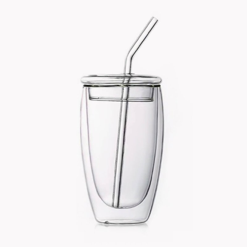 450cc【双层玻璃杯】耐热双层杯(含玻璃杯盖+玻璃吸管) - 茶具/茶杯 - 玻璃 橘色