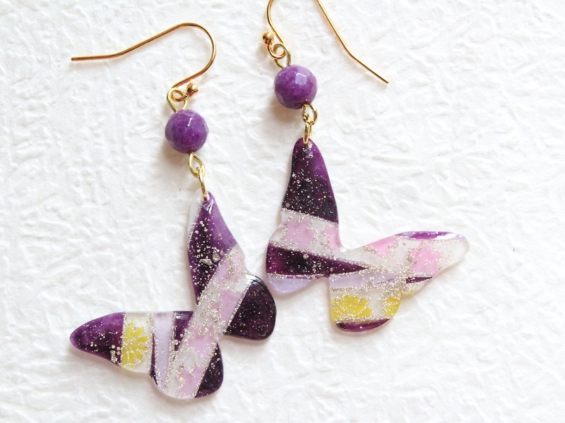 深紫手绘和风蝴蝶耳环 耳夹 - 耳环/耳夹 - 塑料 紫色