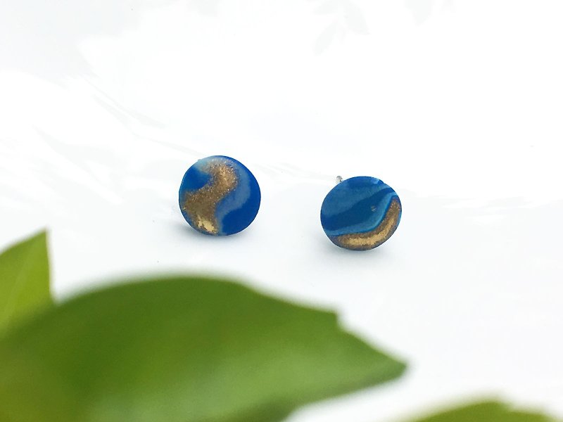 蓝色云石纹耳针  - 耳环/耳夹 - 陶 蓝色