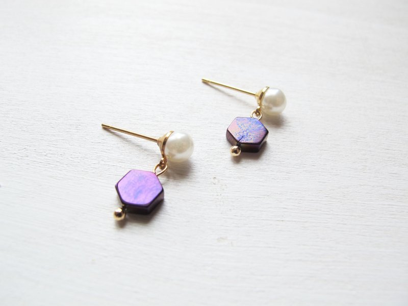 Rosy Garden 幻彩紫色六角形乌刚石配小珍珠耳环 可换耳夹式 - 耳环/耳夹 - 宝石 紫色