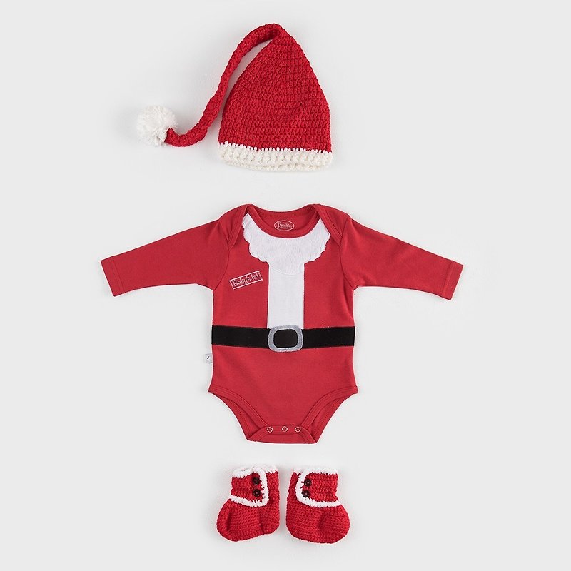 超级圣诞婴童礼盒组(连身衣+帽+针织靴) 圣诞 交换礼物 - 满月礼盒 - 棉．麻 红色
