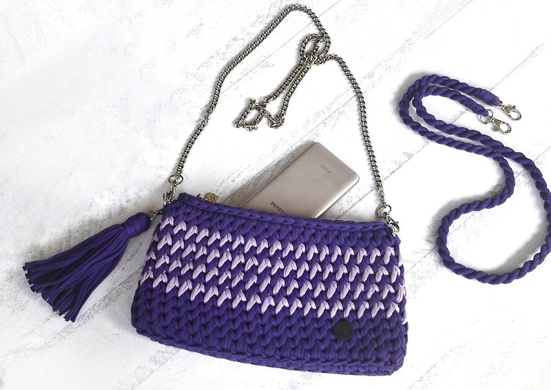 小号斜挎手拿包电话包钩针编织手工女士单肩包 - 手拿包 - 其他材质 紫色